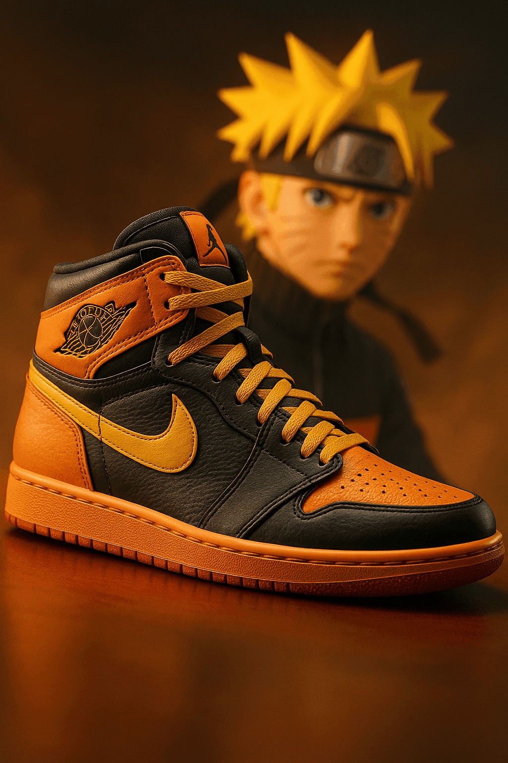 AI-generated artwork: 一张超现实主义的 Nike Air Jordan 运动鞋照片，其设计灵感源自 [火影忍者]，并以动态视角呈现。该运动鞋具有 [鸣人的服装配色]。背景为 [鸣人]。电影级灯光，专业的产品展示品质，高度细...