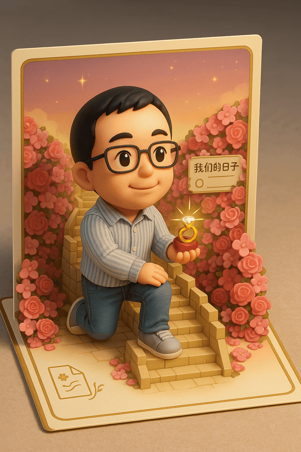 AI-generated artwork: 请将我上传的照片作为参考，生成一张 3D Q 版 Pop-up 明信片，比例 3:4：  

– **角色造型**：根据参考照片，将我塑造成 Q 版头像，头身比约 1:1.5，五官圆润可爱，肤色和发型...