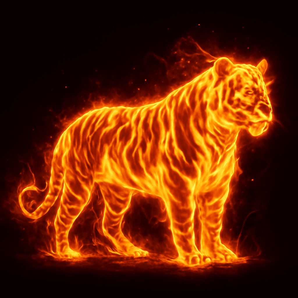 AI-generated artwork: [白色的孟加拉虎] 的数字艺术作品，完全由火焰组成，背景为黑色。