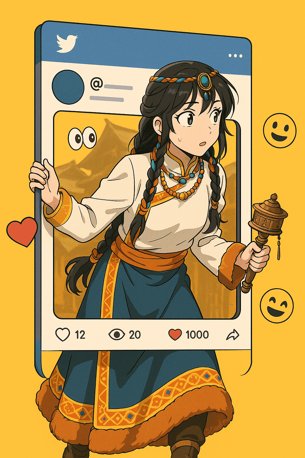 AI-generated artwork: 图1中的人物从显示X社交媒体界面的大屏幕中走出，形成了一种错视效果。人物的手看起来像扶着屏幕内框，人物的看起来像是来到一个陌生的环境有东张西望的感觉。屏幕上显示用户名“@”有1000个赞和12-20条...