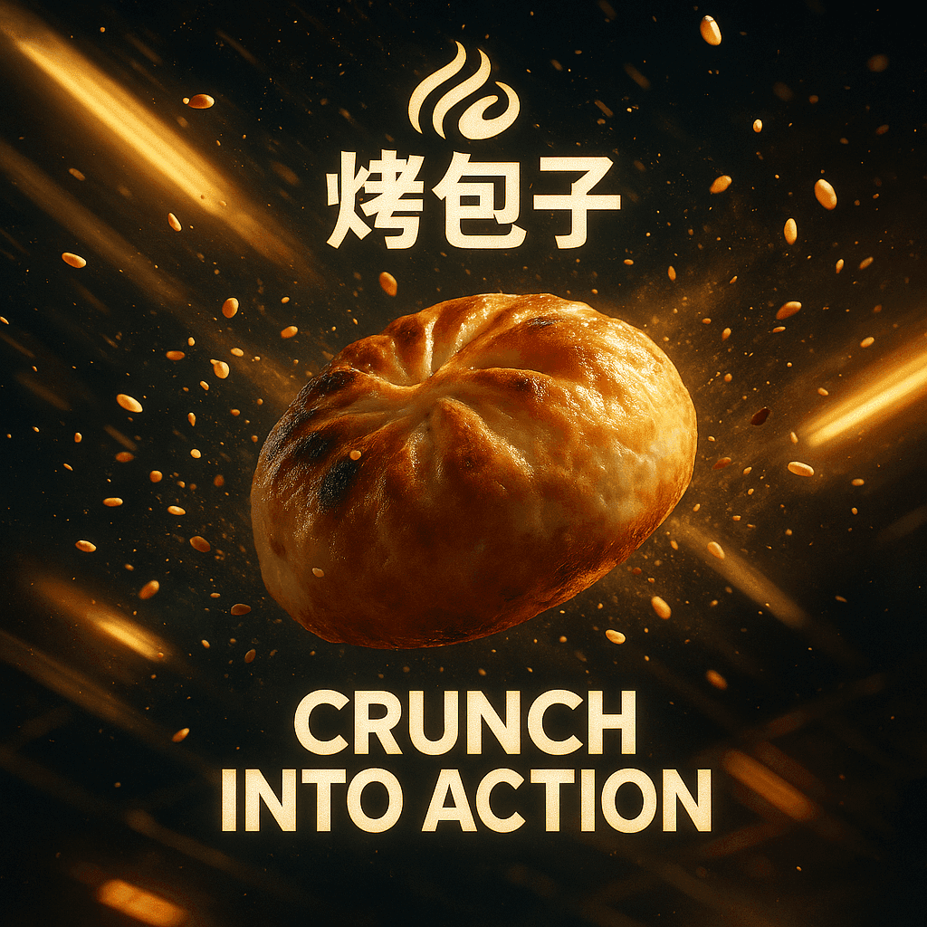AI-generated artwork: [烤包子] 的电影级 3D 动感广告，以动态的中景场景呈现，视觉上展现了其核心能量——戏剧化的灯光、粒子效果、慢动作特效以及超现实的影棚摄影。场景设计应体现产品的个性（爽脆、活力、快速、奢华等）。如果...