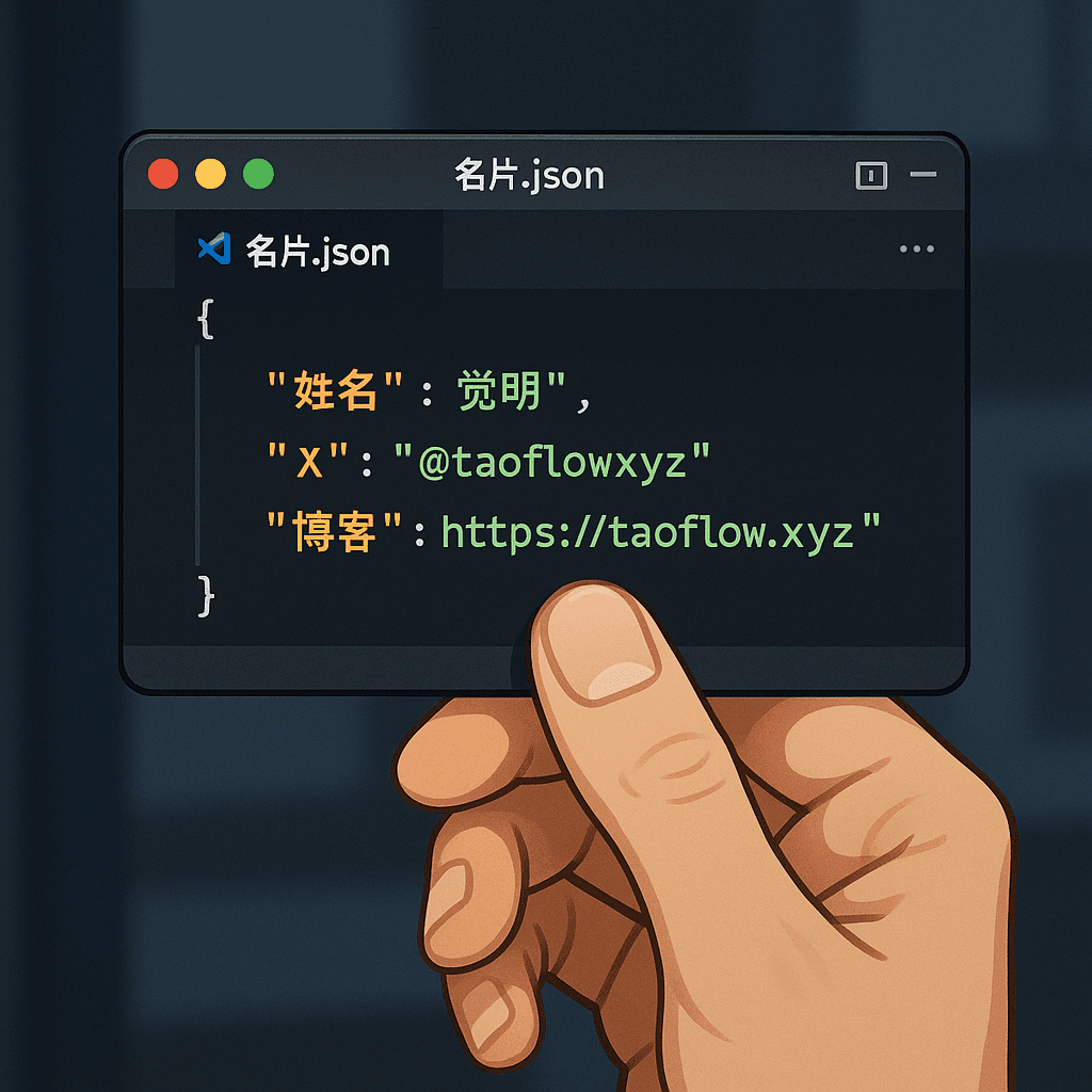 AI-generated artwork: 一张插画特写，展示一只手拿着一张名片。这张名片被设计成在【VS Code】编辑器中打开的【JSON】文件样式。名片上的内容为采用【JSON】语法高亮格式的代码，包含清晰可见的键值对，比如：
- 【"姓...