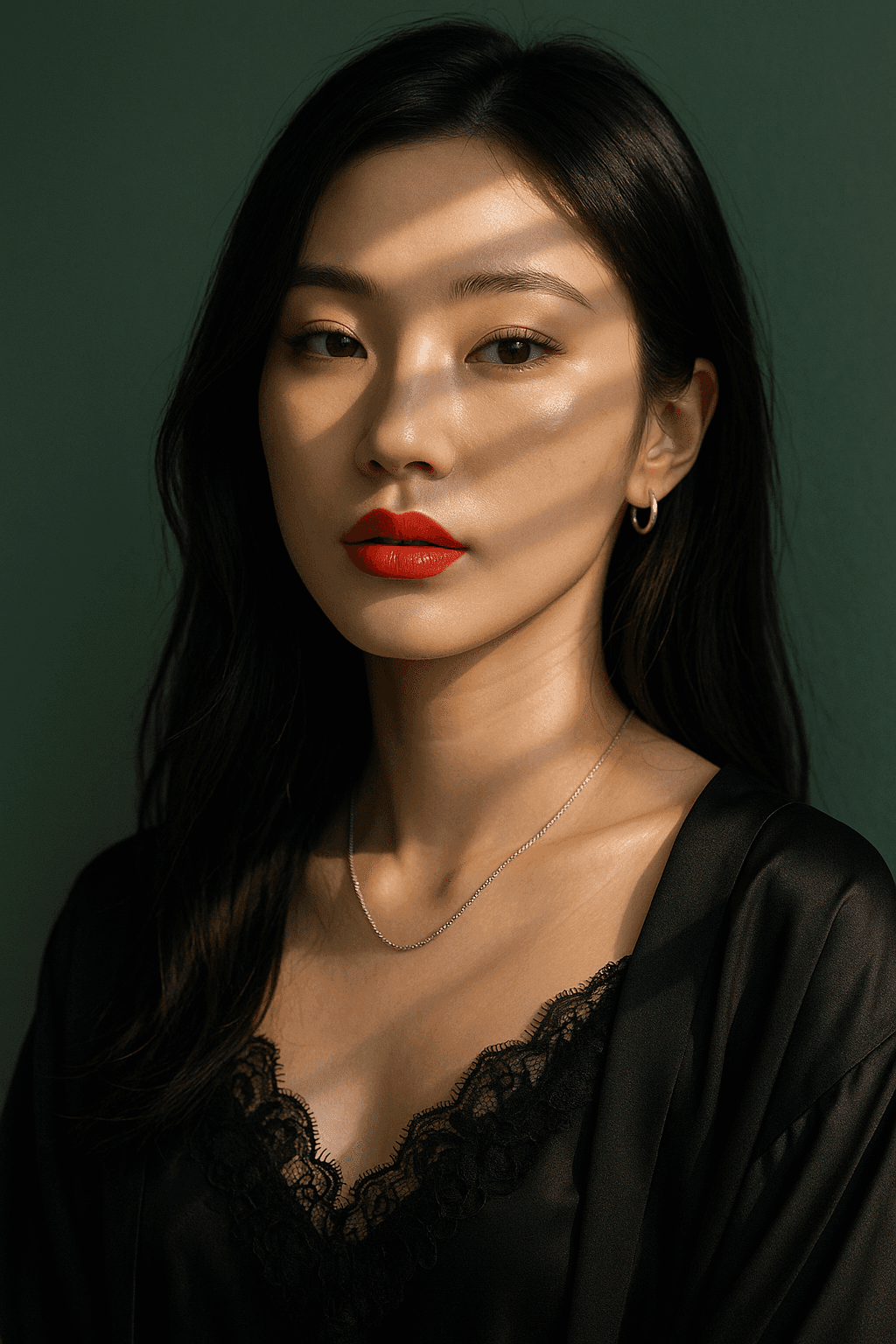 AI-generated artwork: 一位年轻Instagram模特，亚洲女性的特写肖像，被午后透过百叶窗洒入的柔和暖光照亮，在她脸上投下醒目的阴影图案。她肤色苍白，肤质自然透亮，颧骨轻微打亮，散发健康光泽。她的眼神深邃有神，长睫毛和淡雅...