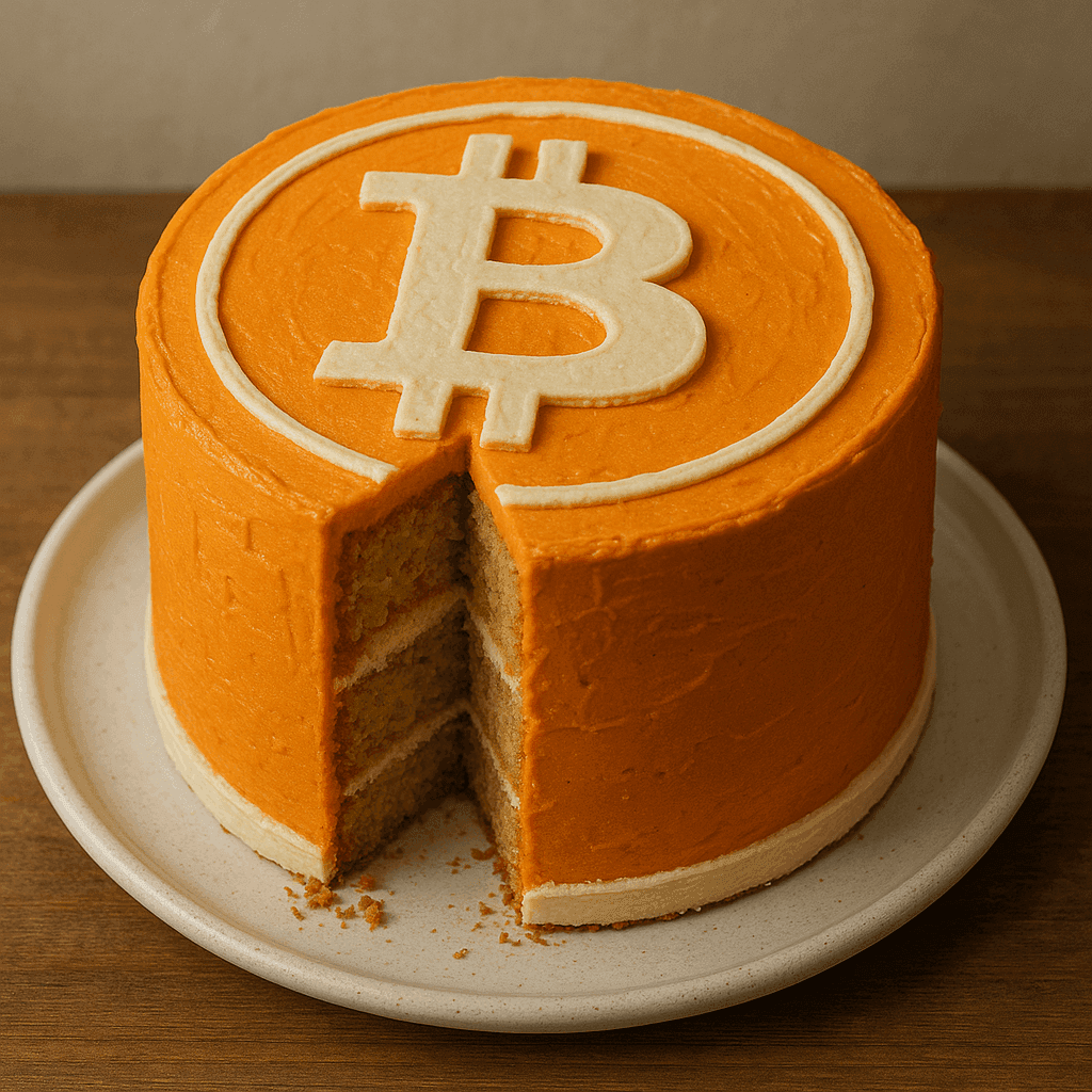AI-generated artwork: Create a hyper-realistic photograph of a cake designed in the shape of the [BTC] logo. The cake shou...