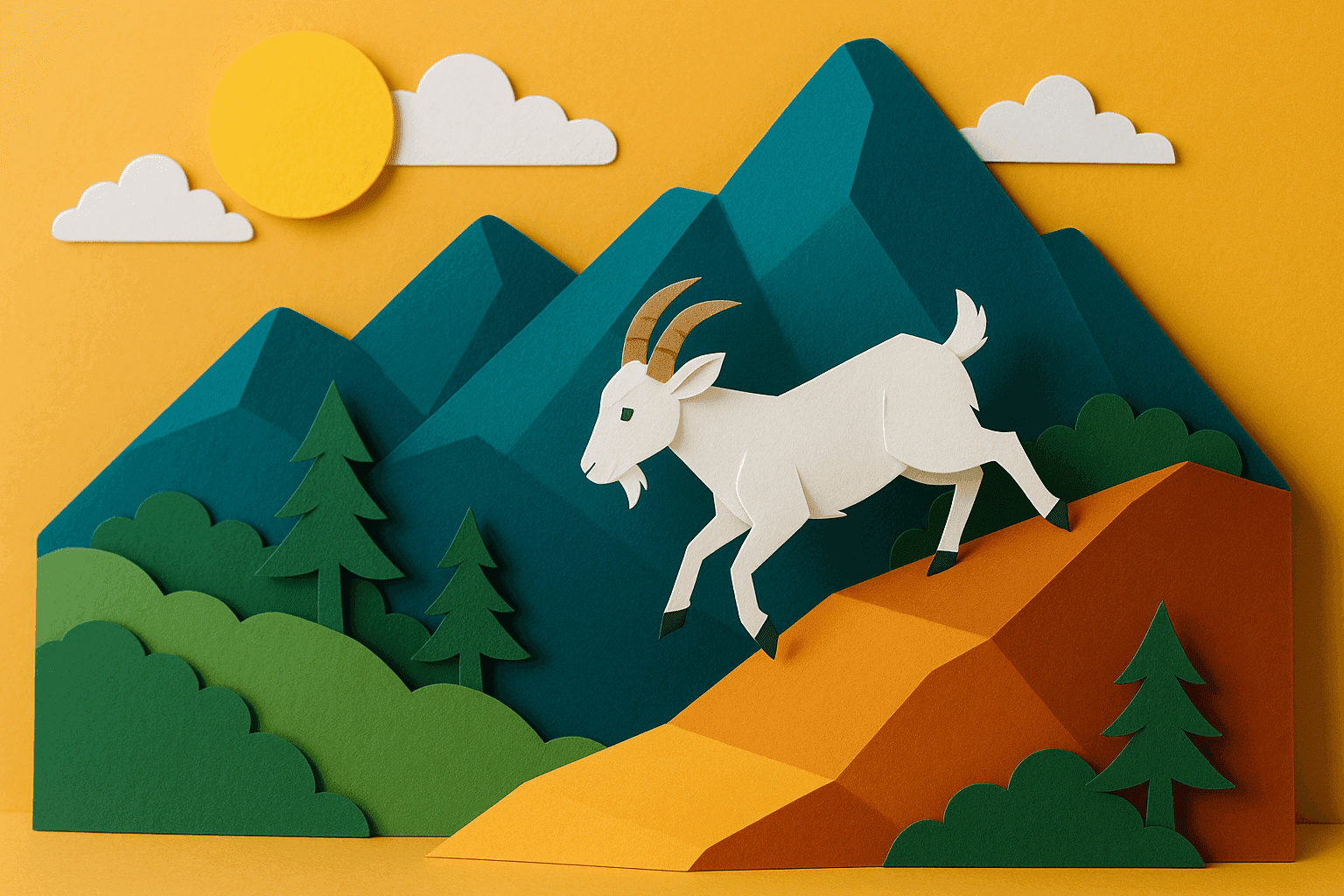 AI-generated artwork: 一个纸艺立体场景，展示了[一只白色的山羊从山上向山下跑的场景]，由层叠的剪纸元素组成，排列在一个迷你的3D环境中。突出鲜艳的色彩、清晰的折痕和富有趣味的阴影深度，营造出如故事书般的构图效果。
