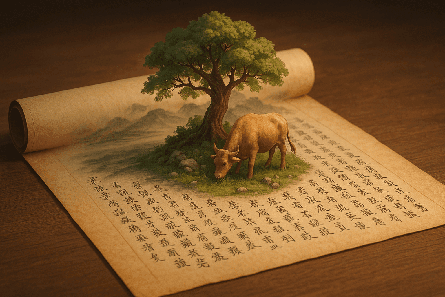 AI-generated artwork: 一幅展开的中国古代卷轴，平放在桌面，从卷轴中显现出一个主题是【一头老牛在树下吃草】的精致迷你 3D 世界，立体世界完美的反映了主题的内容，巧妙地从铺满中文繁体毛笔字的纸面上自然浮现成迷你 3D 世界，...