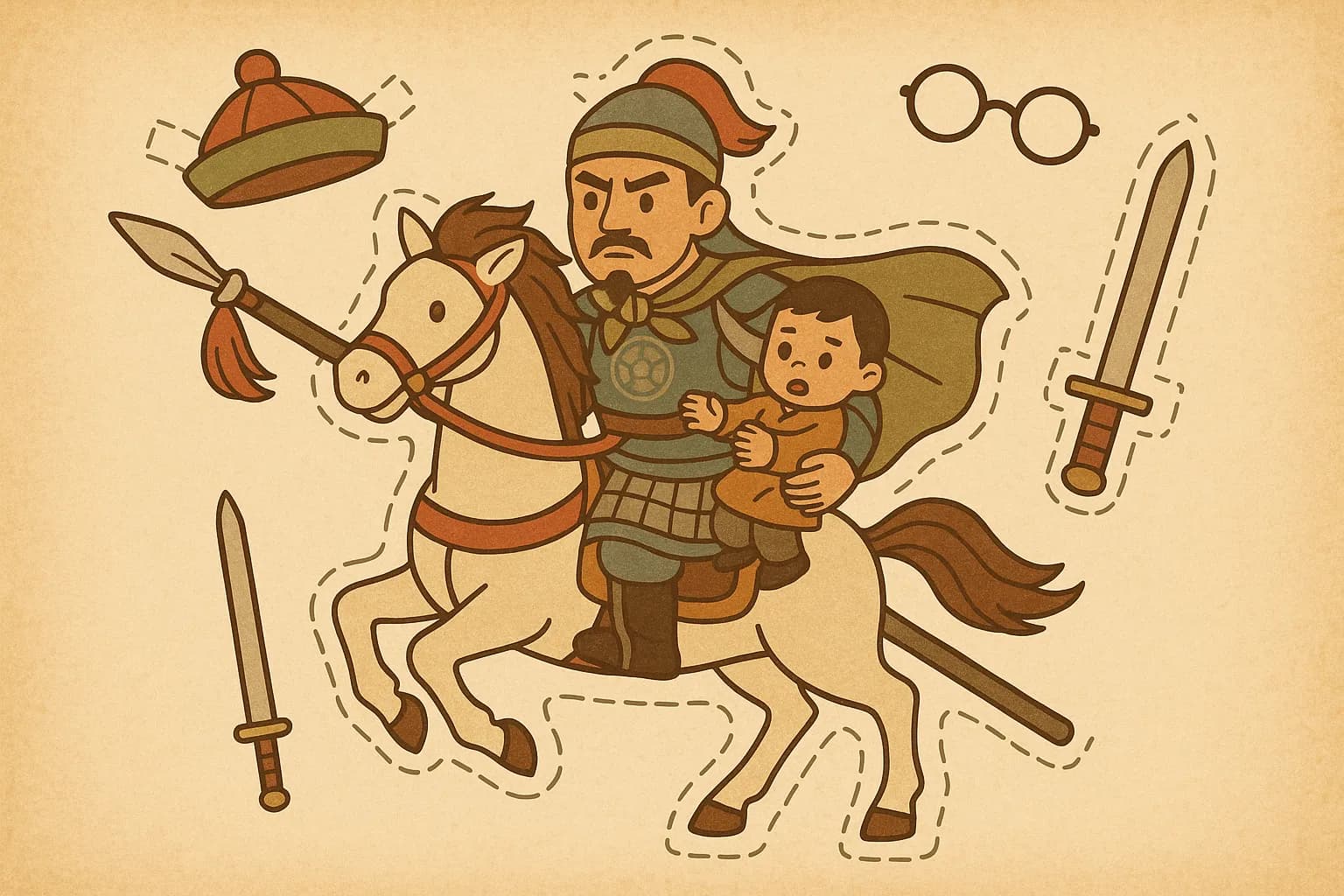 AI-generated artwork: 一幅复古纸娃娃风格的插图，描绘了[三国演义赵云长坂坡单骑救主]，周围有虚线切割线和可折叠的标签，采用平面2D卡通设计，色调温暖柔和，背景有柔软的纹理，附近漂浮着配件（如[帽子、眼镜、武器或道具]），呈...
