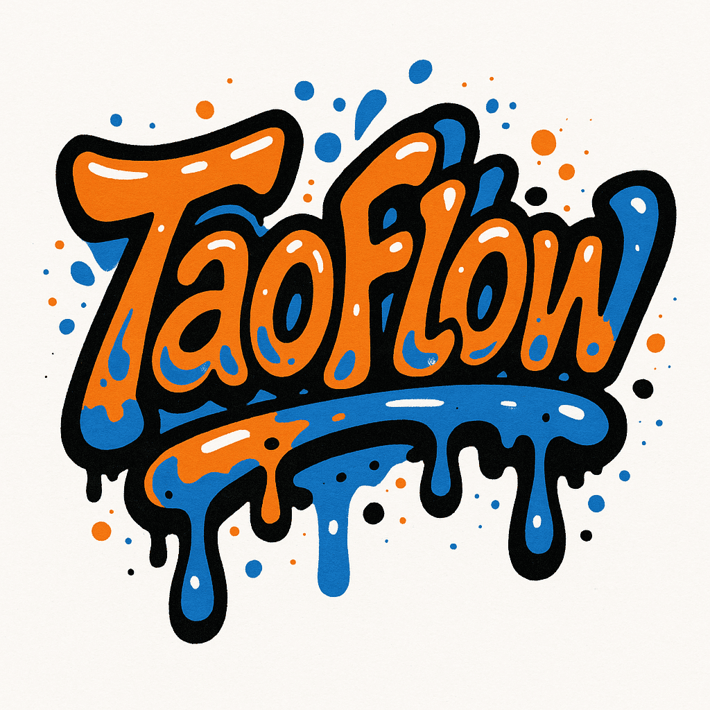 AI-generated artwork: 创建一个涂鸦风格的“TaoFlow”标志，同时保留标志的原始形状和易读性。涂鸦应采用粗体轮廓和动态形状。所有滴水和喷墨效果均应控制在标志本身的边界内。将调色板限制为仅使用 2 到 3 种直接从原始标志...