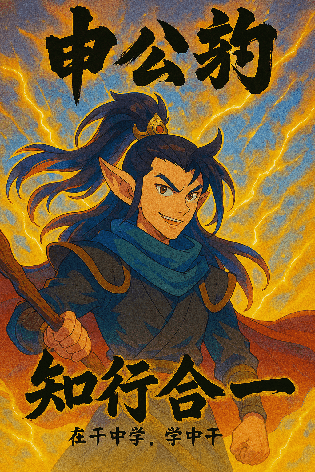 创建一张数字动漫海报，主体为[封神榜中的申公豹]。在海报上方添加充满动感的中文毛笔字，在下方用中文毛笔字写上[知行合一]，并配上一句简短的标语"在干中学，学中干"。背景具有电影感，整体氛围发光渲染。