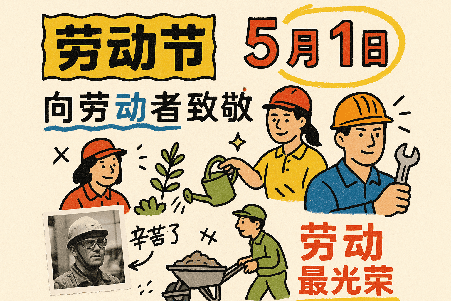 【劳动节】主题海报
生成一张与主题相关的海报，写上主题相关的文字和插画，具体要求如下
- 文字：
  - 重点文字用背景色或波浪线突出
  - 普通文字标准黑色墨迹
  - 强调文字用不同颜色标注
-...