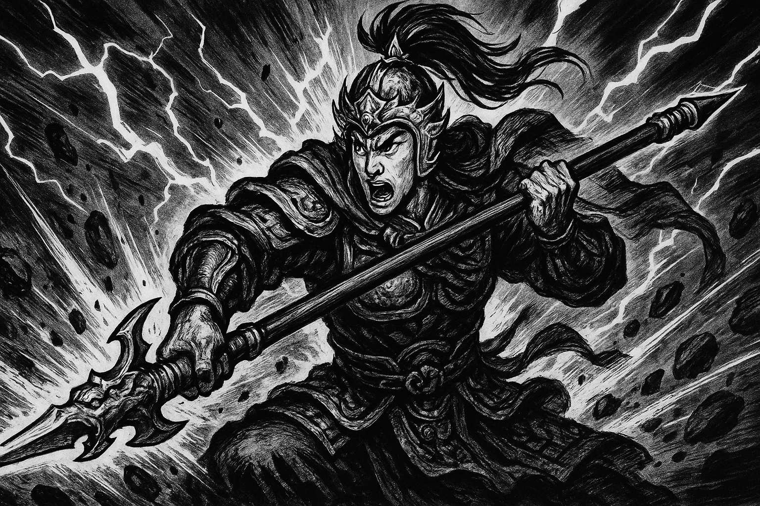 高度戏剧化、史诗感十足的黑白漫画风插画，描绘[中国古代三国演义中的赵云手持龙胆亮银枪]。角色摆出强有力、充满动感的姿势，特征夸张，以强调场景的紧张与震撼。背景中包含爆炸般的能量冲击、闪电效果以及飞舞的...