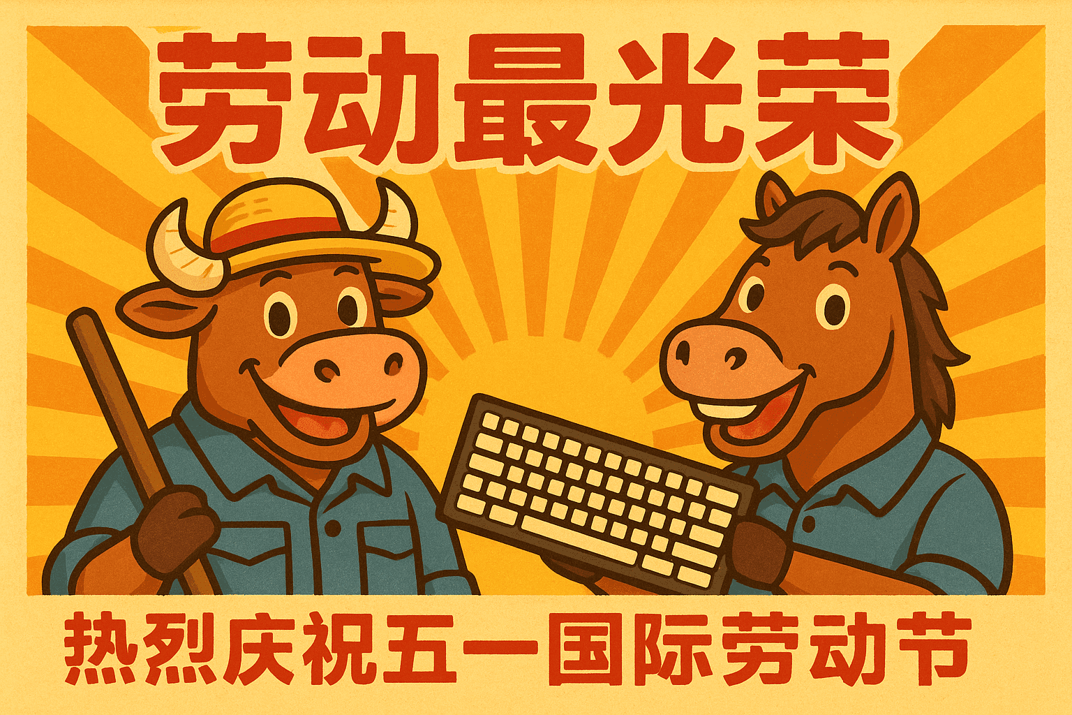 AI-generated artwork: 卡通风格，动物角色，劳动节主题，牛和马穿着劳动者的衣服，牛戴草帽，马手持键盘，背景为明亮的黄色太阳射线，宣传口号‘劳动最光荣’，‘热烈庆祝五一国际劳动节’，复古宣传画风格，欢快活泼的氛围