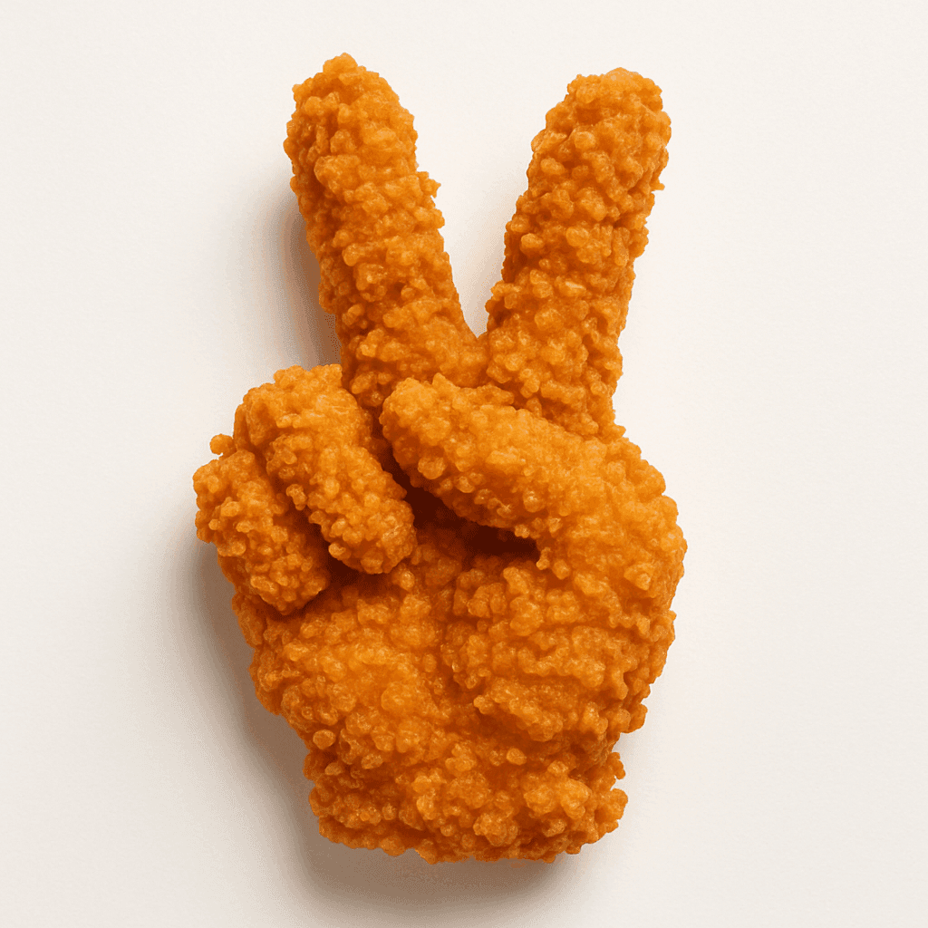 AI-generated artwork: Recreate the [✌️] emoji fully as crispy, golden-brown breaded chicken tender. Every feature should b...