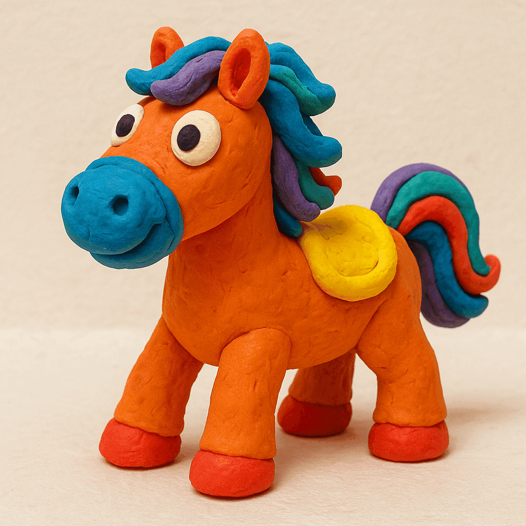 AI-generated artwork: A Play-Doh-inspired model of [十二生肖中的马], with chunky, colorful sculpted forms, fingerprint textures, ...