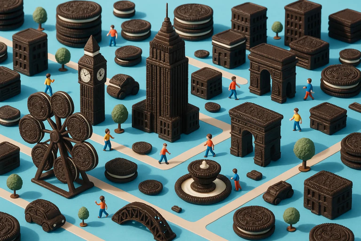 AI-generated artwork: 超现实的3D等距城市景观，建筑和地标完全由[奥利奥饼干]构成。包含与环境互动的微型人物。奇思妙想的俏皮色调、细致入微的纹理、等距构图、柔和的阴影、影院级HDR灯光、锐利的景深、鲜艳的配色方案、巧妙的广...